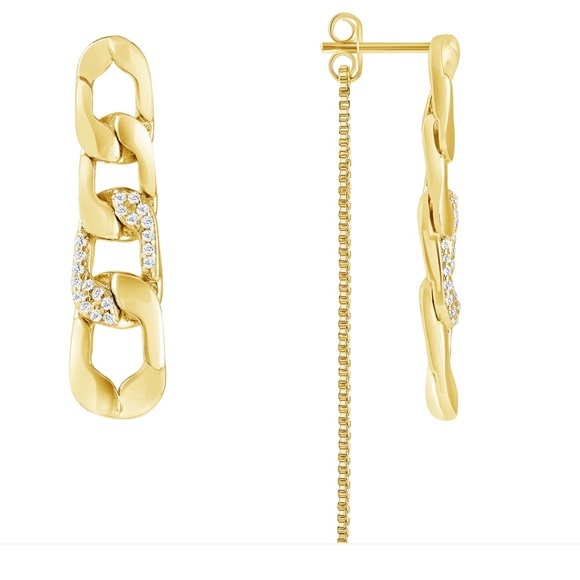 Gold Plated Curb Style Link Earrings W Cubic Zirconia